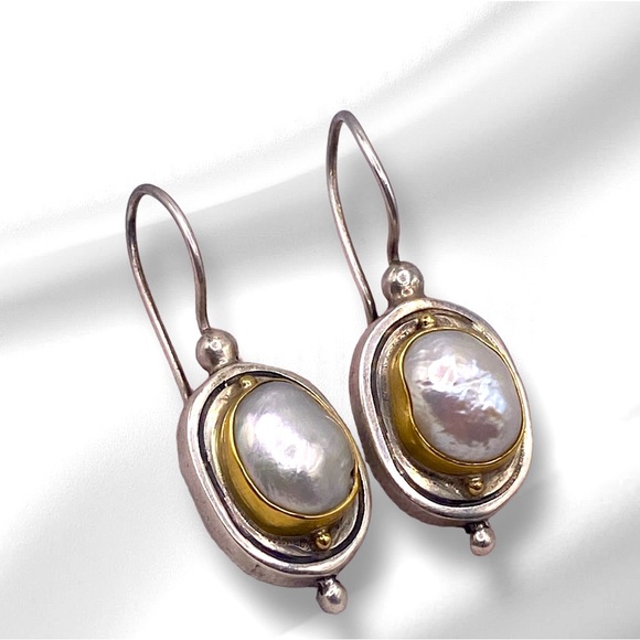 Vintage Gold 22k And Silver Mabe Pearls Earrings - Picture 1 of 16